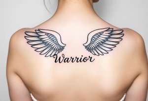 beautiful single angel wing with word "Warrior" tattoo idea