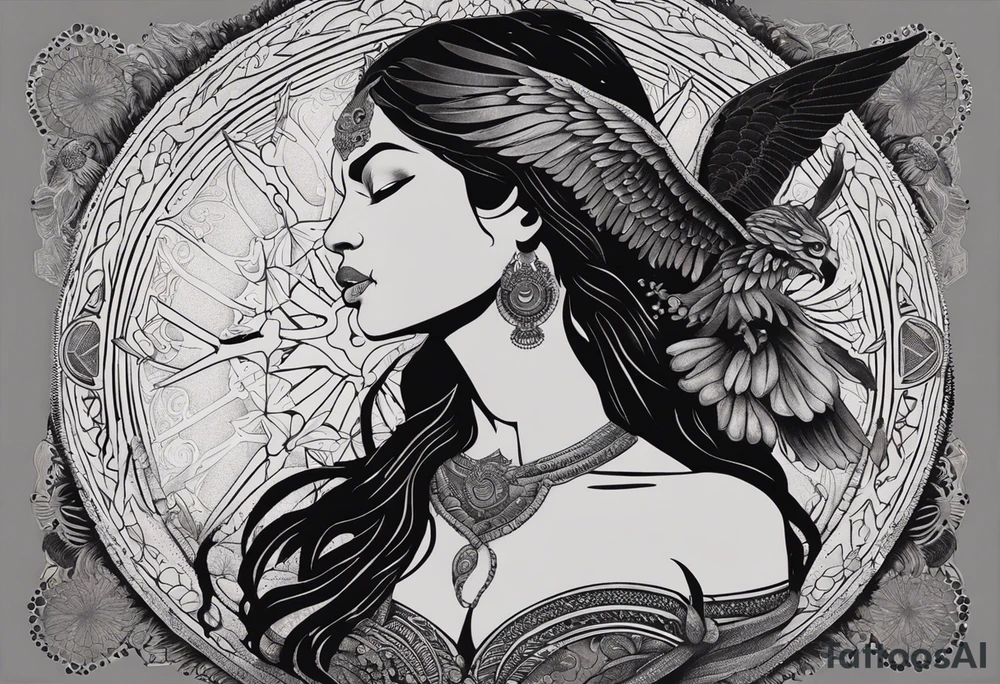 black kali, goddess pirate, alien, angel, pachamama, valkrye, warrior, flying, skull, lotus azul, wing, eagle, zenza resonance, stars, 5D, anahata chakra, death, durga, riding on a tiger, flying lady, kundalini, chest tatoo, samuri, rebel,serpent tattoo idea