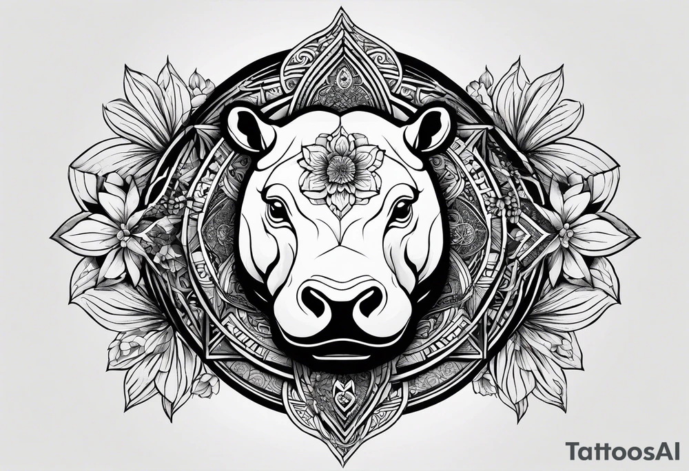 Very asymmetrical, +geometric pattern, with realistic full moon, with seeious looking hippo, +zen feel, + Buddhism touch, +tribal, +geometric
with wintersweet flower bud, +portrait orientation, +inkart touch, tattoo idea