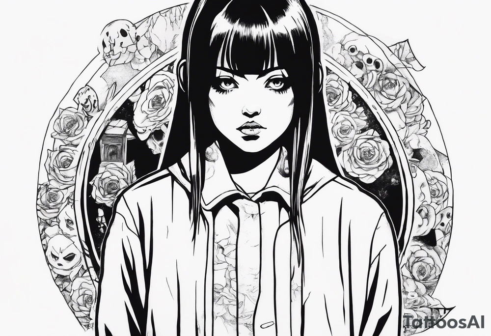 portrait of tomie standing up a character by the horror manga author junji ito full body standing murderously. add more horror and gore elements tattoo idea