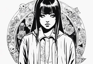 portrait of tomie standing up a character by the horror manga author junji ito full body standing murderously. add more horror and gore elements tattoo idea