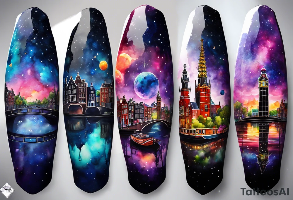 Arm tattoo, Animals, birds, stag, fox, watercolour of animals made from glass in Amsterdam featuring Amsterdam buildings and Amsterdam canal in galaxy colours featuring pineapples as space colours, galaxy colours, night sky, pineapples tattoo idea