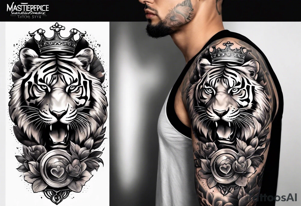 King tiger on top of Hour glass with Brain and heart inside
Full detailed sleeve tattoo idea