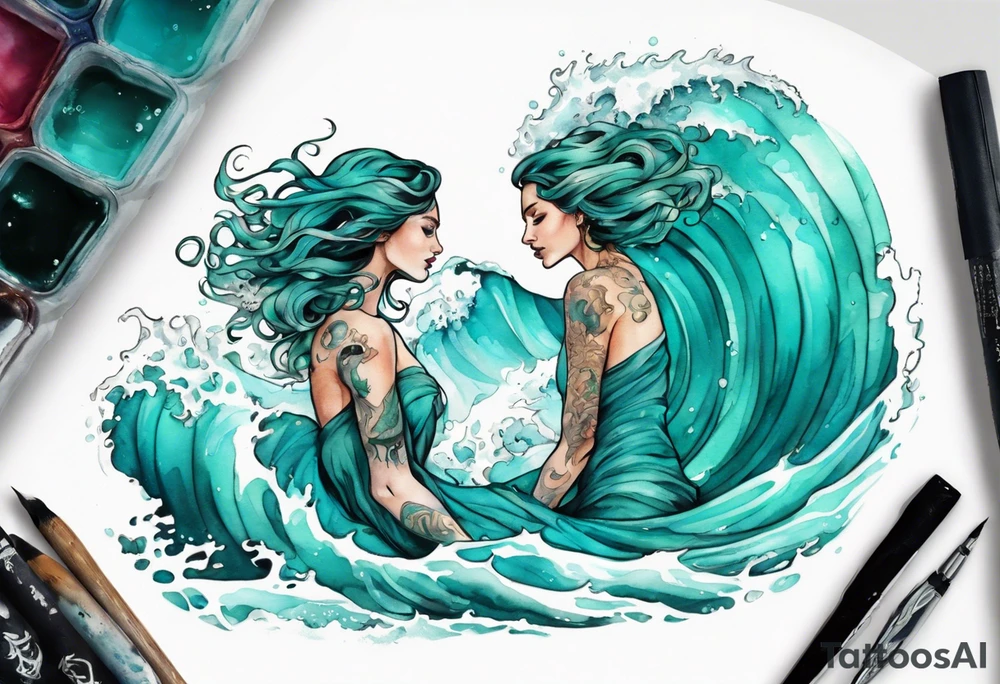 a beautiful turquoise lamia emerging from an ocean wave, crashing onto the shore tattoo idea