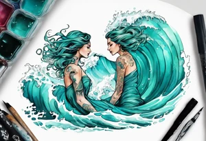a beautiful turquoise lamia emerging from an ocean wave, crashing onto the shore tattoo idea