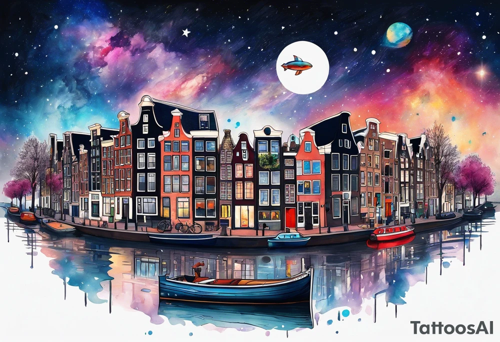 Animals and wildlife under canal in Amsterdam with Amsterdam houses filled with animals and wildlife in space featuring galaxy colours tattoo idea