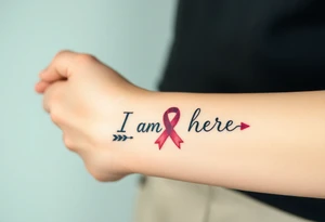 ‘I am here’ with breast cancer pink ribbon arrow heartbeat rhythm tattoo idea