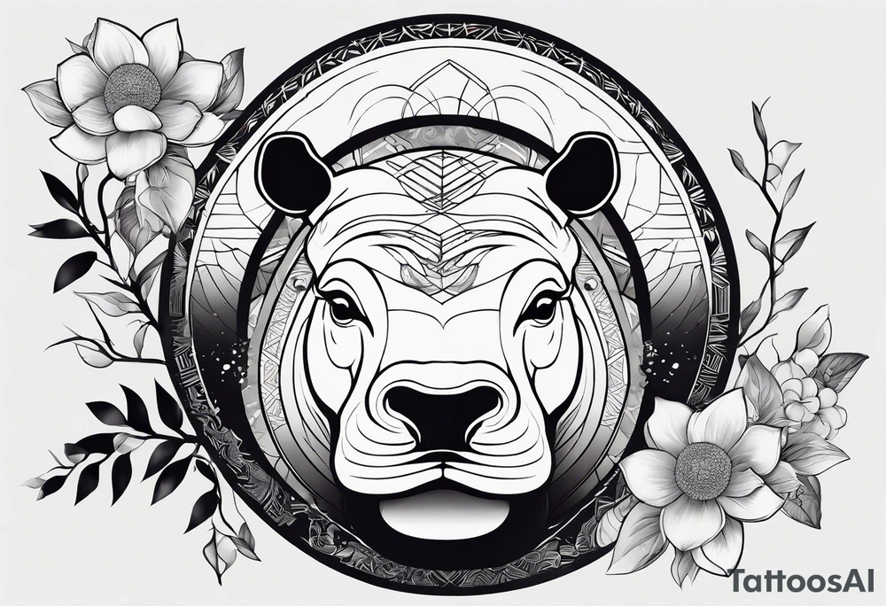 Very asymmetrical, +geometric pattern, with realistic full moon, with seeious looking hippo, +zen feel, + Buddhism touch, +tribal, +geometric
with wintersweet flower bud, +portrait orientation, +inkart touch, tattoo idea