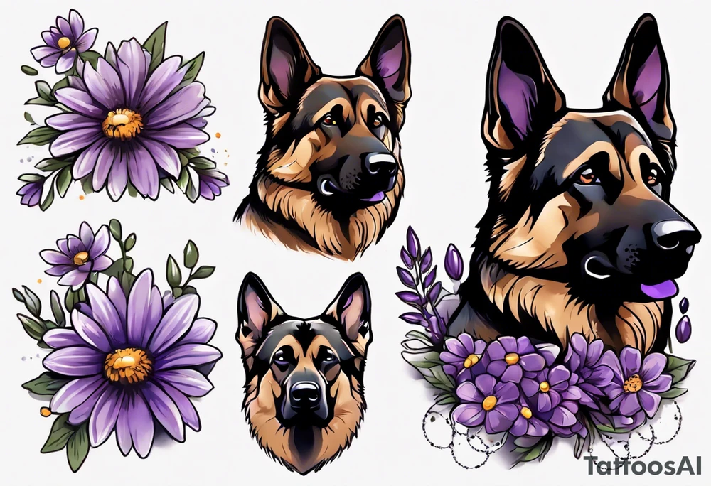 Dark brown, German shepherd with purple daisies tattoo idea