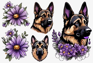Dark brown, German shepherd with purple daisies tattoo idea