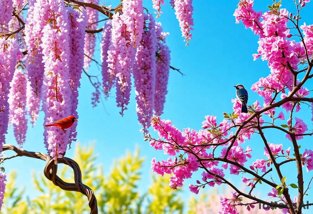 The American wisteria tree drapes its cascading clusters of lavender-hued blossoms over twisted, woody vines, filling the air with a subtle, sweet fragrance as its delicate petals catch the golden sunlight. Nearby, an Eastern redbud stands in striking contrast, its branches bursting with vibrant pink blossoms that appear like tiny, glowing jewels against the deep blue sky, creating a breathtaking springtime spectacle. Perched among these floral canopies, a brilliant red cardinal sings its clear, whistling notes, its fiery plumage standing out boldly against the pastel backdrop, while an indigo bunting flits gracefully from branch to branch, its shimmering blue feathers reflecting the light like a tiny piece of the sky brought to life. A downy woodpecker, with its black-and-white spotted wings and a splash of red on its crown, rhythmically taps against the wisteria’s gnarled branches, adding a soft, percussive beat to the symphony of birdsong that fills the serene, blossoming landscape. tattoo idea