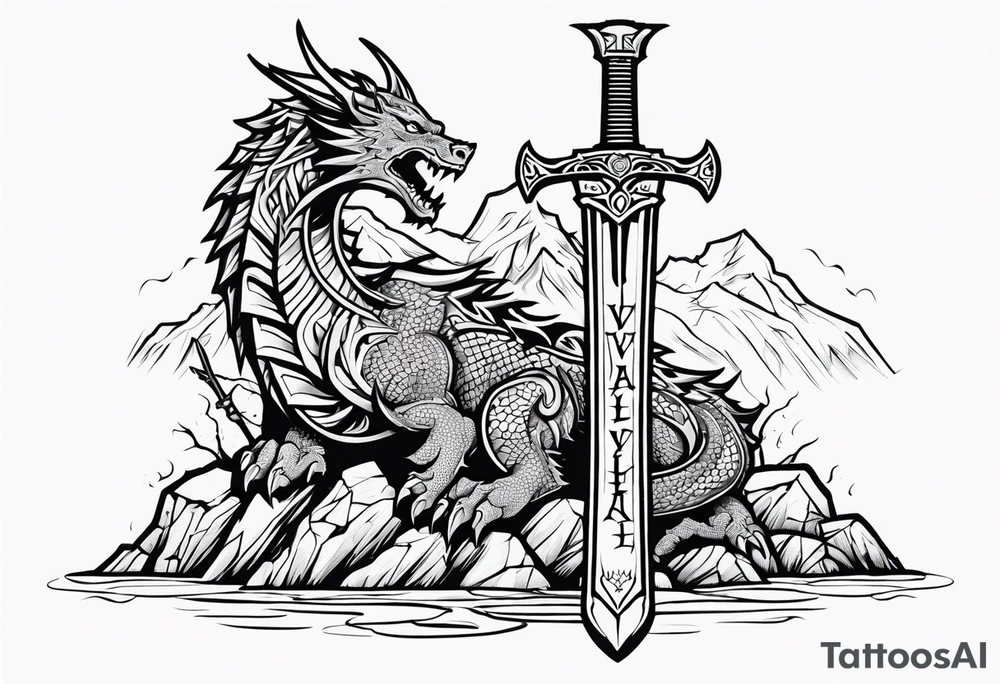 Valhalla  dragon sword ruins tattoo idea