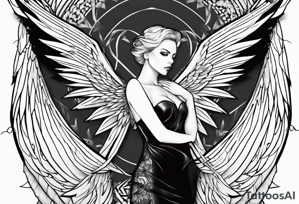 Angle with wings and charlize between to wings tattoo idea