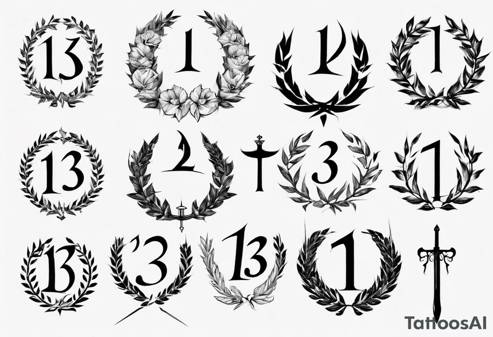 The number 13 in the middle of a laurel leaf wreath, a sword is under the number. tattoo idea