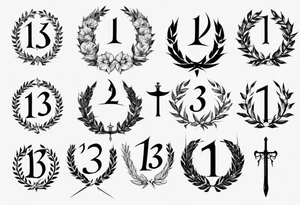 The number 13 in the middle of a laurel leaf wreath, a sword is under the number. tattoo idea