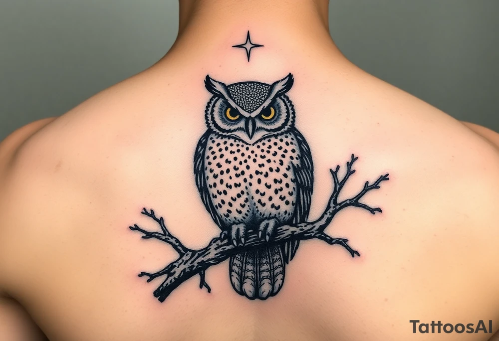 wise owl perched on ancient oak branch under starlit sky tattoo idea