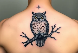 wise owl perched on ancient oak branch under starlit sky tattoo idea