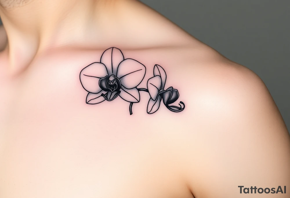 A delicate, black and white fine-line tattoo for make, featuring a gracefully detailed orchid stem with two flowers in full bloom, with soft, intricate petals and elegant curves tattoo idea