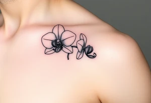 A delicate, black and white fine-line tattoo for make, featuring a gracefully detailed orchid stem with two flowers in full bloom, with soft, intricate petals and elegant curves tattoo idea