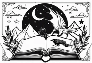 an open fantasy book. a flying dragon. A pawn. a sword with a bee. A raven. Stars and crescent moon with mountains tattoo idea