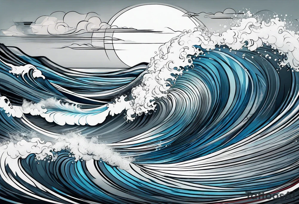 ocean waves background with linear red, white and black and gray including muted blues tattoo idea