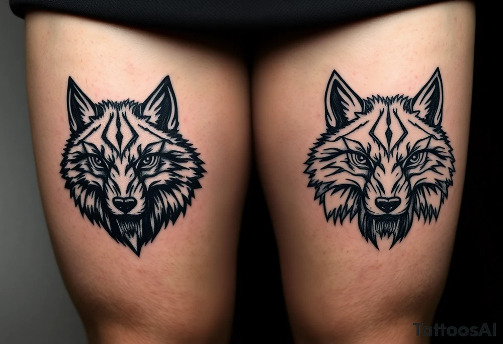 Side by side black wolf face and white wolf face tattoo idea