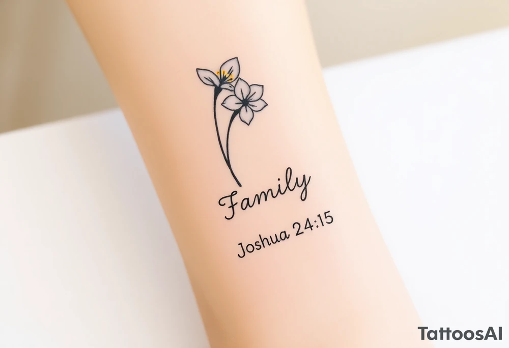 Narcissus flower at the top, drawn in single-needle fine line

Slim stem flowing naturally downward

Stem softens and transitions into “Family” in gentle cursive

“Joshua 24:15” sits underneath in tiny, clean lettering

Vertical flow = elegant, feminine, and perfectly suited to the inner wrist

Overall height: ~5–7 cm (subtle, timeless, not heavy) tattoo idea
