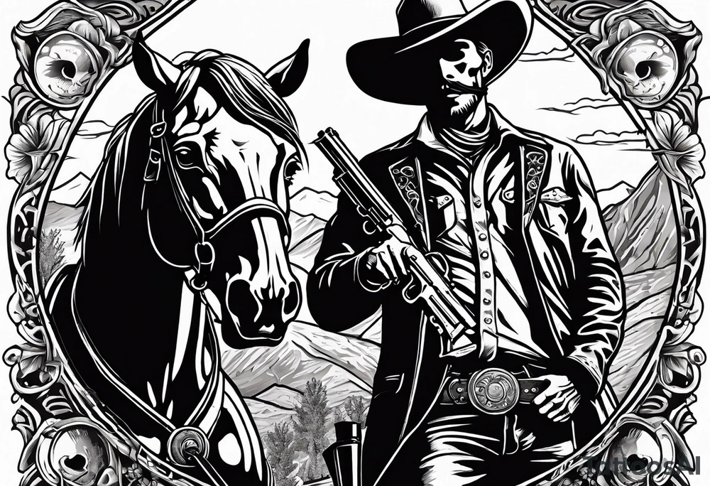 skeleton with a cowboy hat, holding a revolver, in the background there's a western hill and a man on a horseback tattoo idea