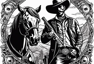 skeleton with a cowboy hat, holding a revolver, in the background there's a western hill and a man on a horseback tattoo idea