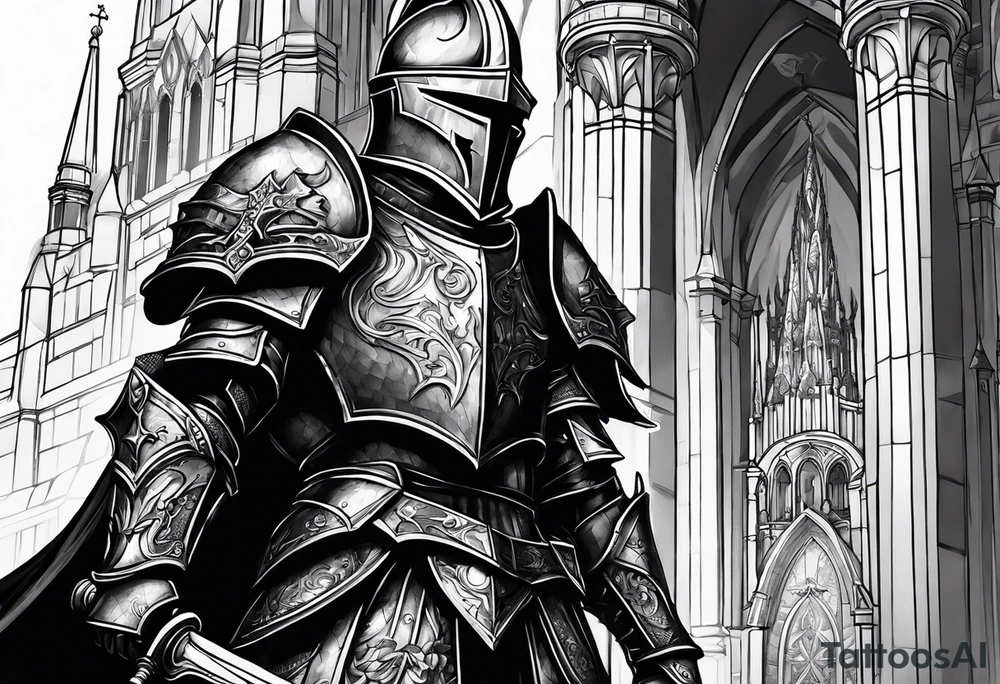 knight heavy armor in front of cathedral tattoo idea