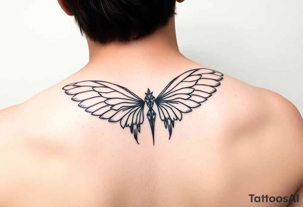 maximalist, cyber sigilism, organic touches, back tattoo, whimsical, witchy, hippie, fairy wing like tattoo idea