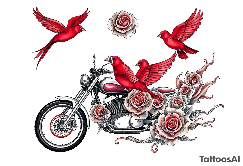Motorcycle driving away, two red birds flying, roses and lace, flames tattoo idea