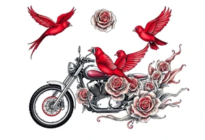 Motorcycle driving away, two red birds flying, roses and lace, flames tattoo idea