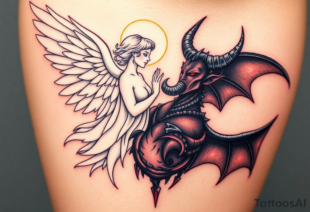 A radiant angel, with soft white wings and a glowing halo, surrounded by light, juxtaposed against a dark demon, with jagged black wings and fiery red eyes, symbolizing the ultimate conflict between good and evil. tattoo idea