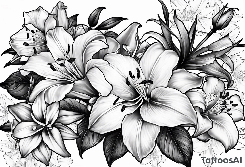 Rose, lily, gladioli, cherry blossom, forget me nots tattoo idea