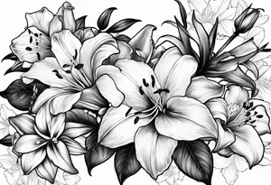 Rose, lily, gladioli, cherry blossom, forget me nots tattoo idea
