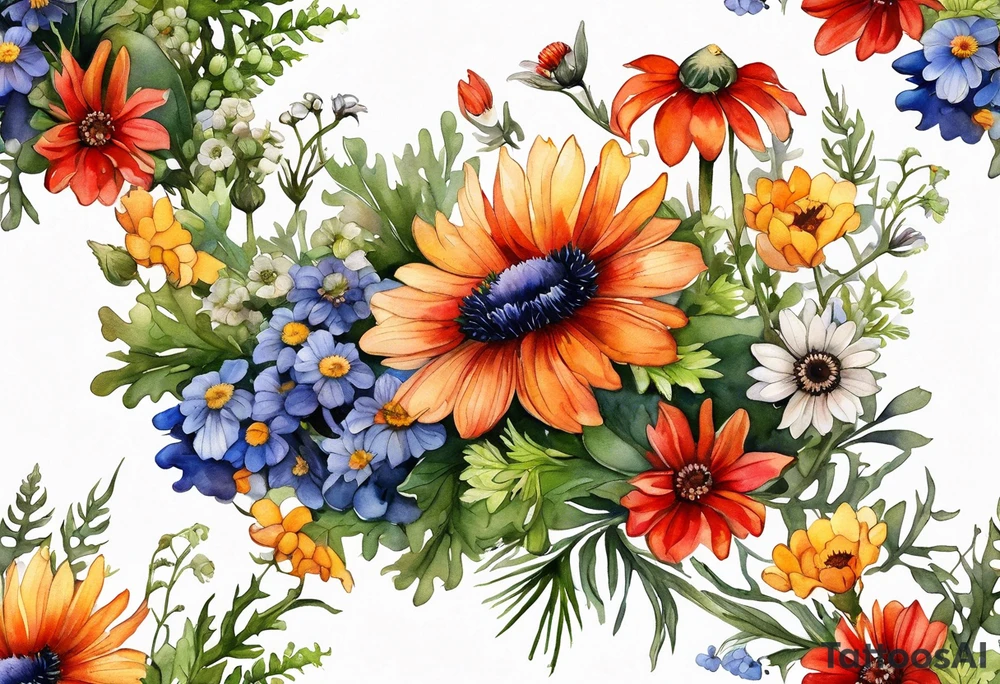 sideways oval of wildflowers cascading with thistles, ferns, white anemones, sun flowers, red flowers, black flowers, buttercups, orange flowers, babys breath and daisies all in watercolor tattoo idea