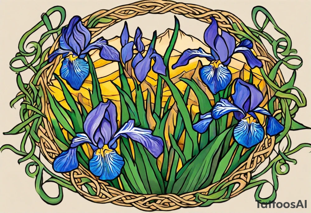 Create a small, thick, colorful Vincent van Gogh Irises tattoo, with vines in Celtic knots gracefully intertwining at a central point in the middle of the wreath. Inside the tattoo is mountains. The intended placement is on the upper chest. The overall design should be small in size while maintaining a delicate and artistic aesthetic. Pay attention to the graceful flow of the vines and the placement of the irises to achieve a refined and elegant look. tattoo idea
