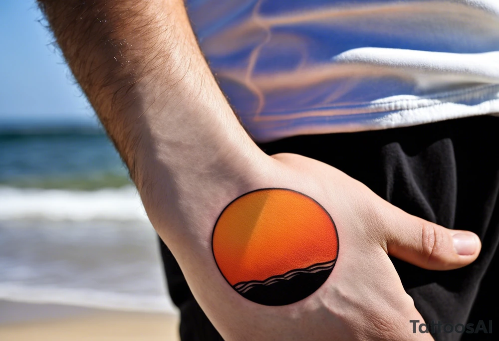 This is an extremely simple and minimalistic tattoo on male forearm. It is black and white with minuscule splashes of orange from the sun. The tattoo 4 inches wide by 2 inches tall. From the perspective of being on the ocean, Water is calm, with no waves in sight, the sun is setting behind the ocean, reflecting light onto the water. The water has shading. tattoo idea