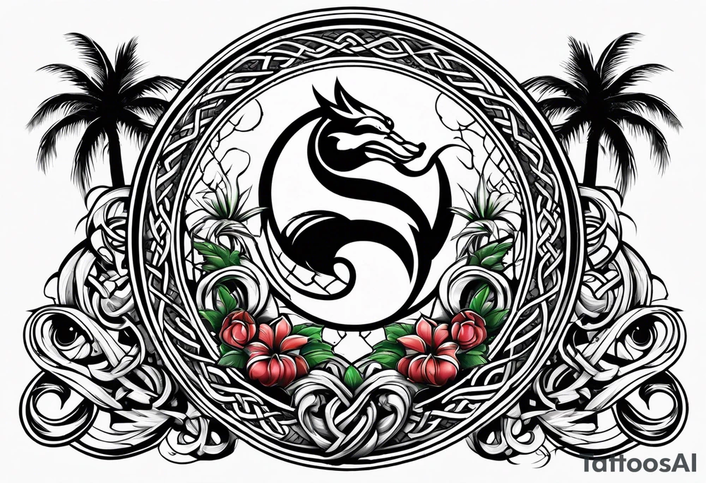 mortal kombat symbol with mickey mouse, palm trees and the celtic symbol for family tattoo idea