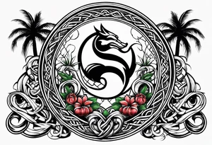 mortal kombat symbol with mickey mouse, palm trees and the celtic symbol for family tattoo idea