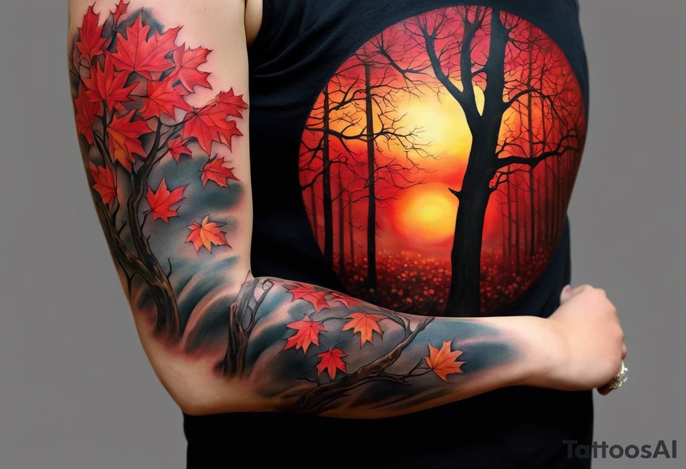 Arm tattoo. Long tattoo. Full sleeve. Shoulder. A single large maple tree with red autumn leaves that branches upwards from wrist to shoulder. White-throated dipper bird on the trees branches. Calluna flowers at the base of the trees stem. Tree stem has dark colors. Red/yellow sunset behind the trees stem. Leaves falling. tattoo idea