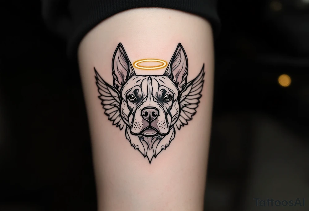 Staffbull with Wings and Halo (Guardian Dog)
Portrait of a beloved Staffbull with angel wings and a glowing yellow halo. Black and gray with a touch of gold. tattoo idea