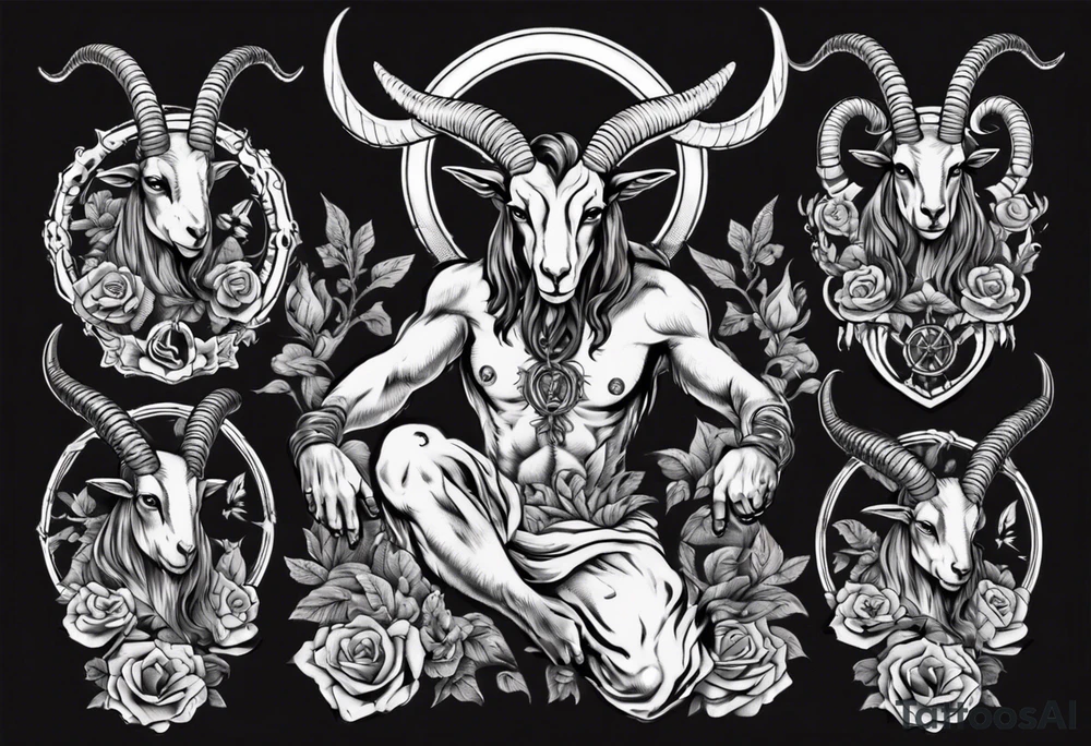 Baphomet full sleeve high contrast human like goat friendly but strong no flowers tattoo idea
