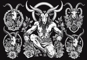 Baphomet full sleeve high contrast human like goat friendly but strong no flowers tattoo idea