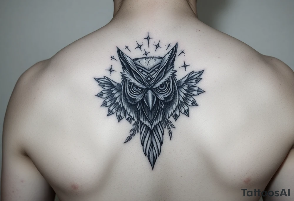 BROKEN GLASS WITH OWL HOLDING A TRADEGY MASK tattoo idea