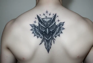 BROKEN GLASS WITH OWL HOLDING A TRADEGY MASK tattoo idea