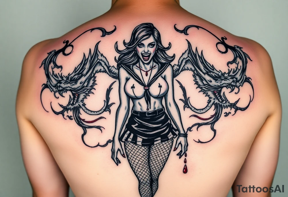 beautiful vampire woman with bloody mouth dressed in short skirt and sailors top with fishnet leggings and arms, surrounded by swirling smoke and blood that forms dragon head shapes tattoo idea