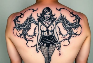 beautiful vampire woman with bloody mouth dressed in short skirt and sailors top with fishnet leggings and arms, surrounded by swirling smoke and blood that forms dragon head shapes tattoo idea