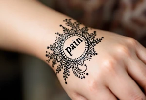 Indian style Henna tattoo for the inner wrist include the word pain in small font tattoo idea